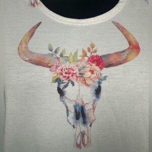 Promesa Western Boutique Style White with Floral Skull Design T-shirt.